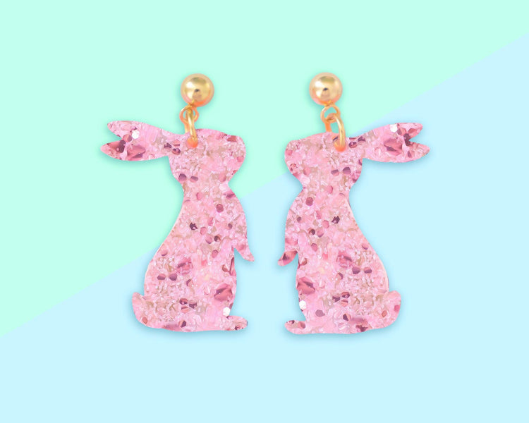 Small Pink Glitter Bunny Earrings