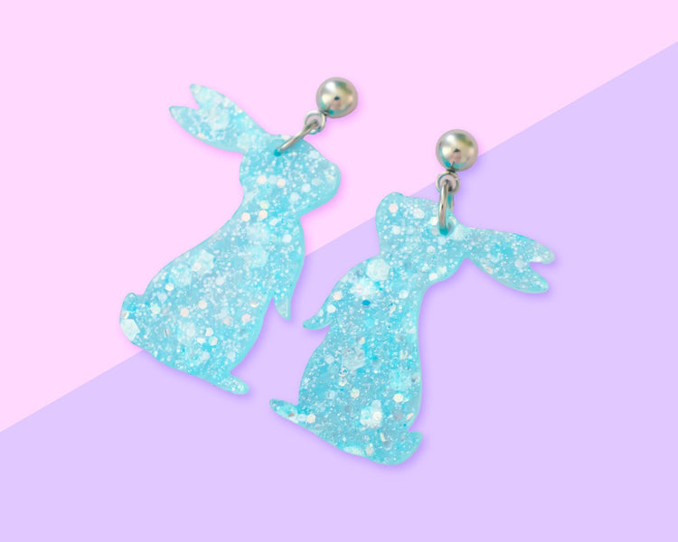 Small Blue Glitter Bunny Earrings