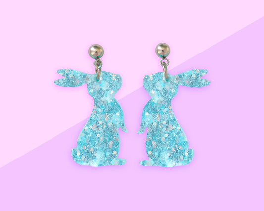 Small Blue Glitter Bunny Earrings