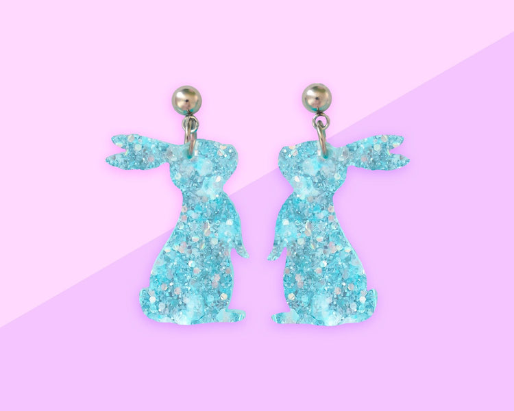 Small Blue Glitter Bunny Earrings