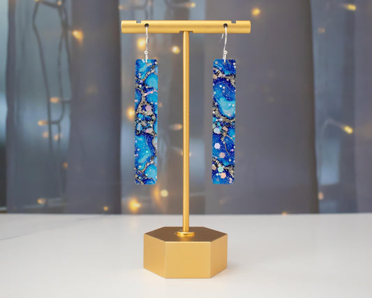 Glitter Blue Agate Rectangle Bar Earrings