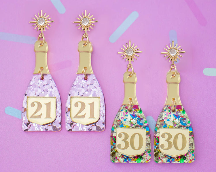 Custom Champange Bottle Birthday Number Earrings