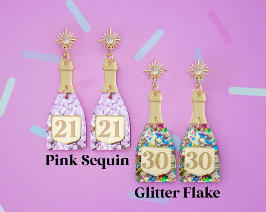 Custom Champange Bottle Birthday Number Earrings