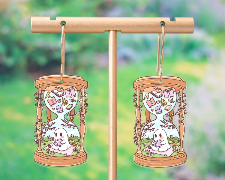Spring Ghost Reading A Book Hourglass Earrings