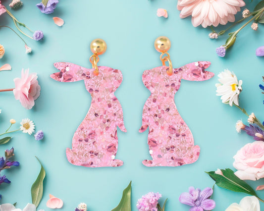 Small Pink Glitter Bunny Earrings