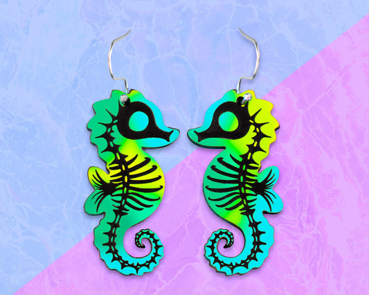 Holographic Skeleton Seahorse Halloween Earrings