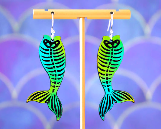 Holographic Skeleton Mermaid Tail Earrings