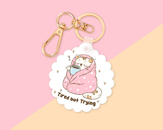 Funny Tired But Trying Cat Key Chain With Clip