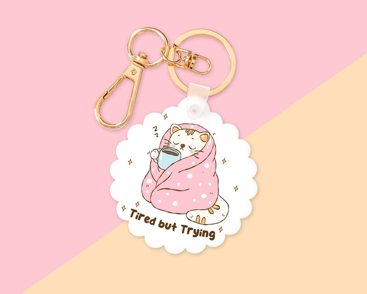 Funny Tired But Trying Cat Key Chain With Clip