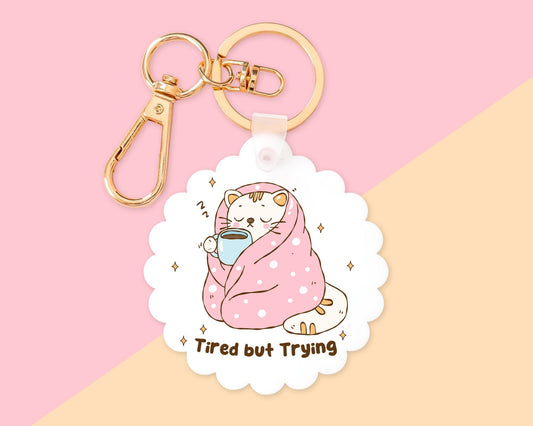 Funny Tired But Trying Cat Key Chain With Clip