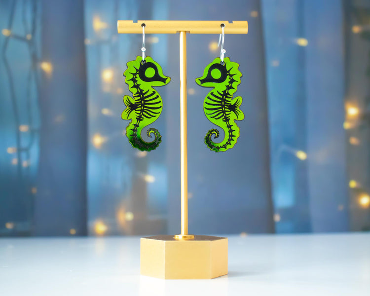 Holographic Skeleton Seahorse Halloween Earrings