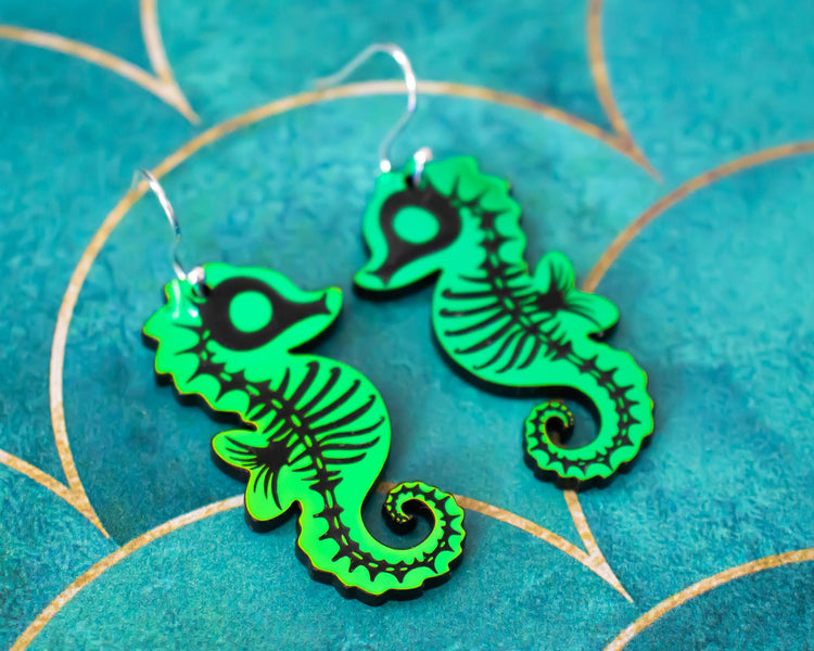 Holographic Skeleton Seahorse Halloween Earrings