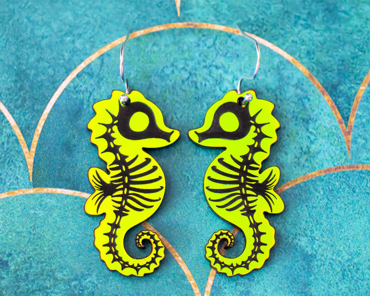 Holographic Skeleton Seahorse Halloween Earrings