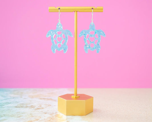 Blue Glitter Turtle Earrings