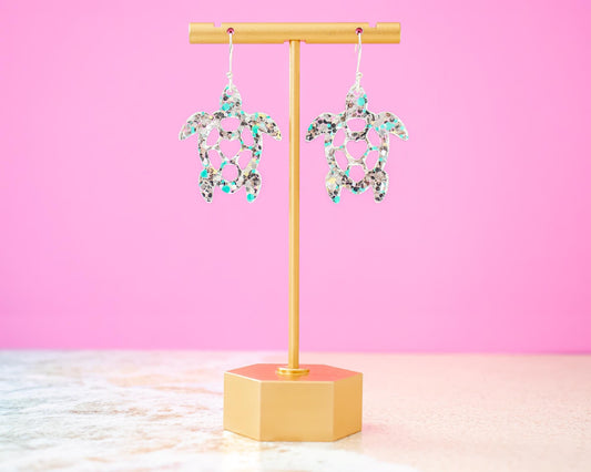 Silver Glitter Confetti Turtle Earrings