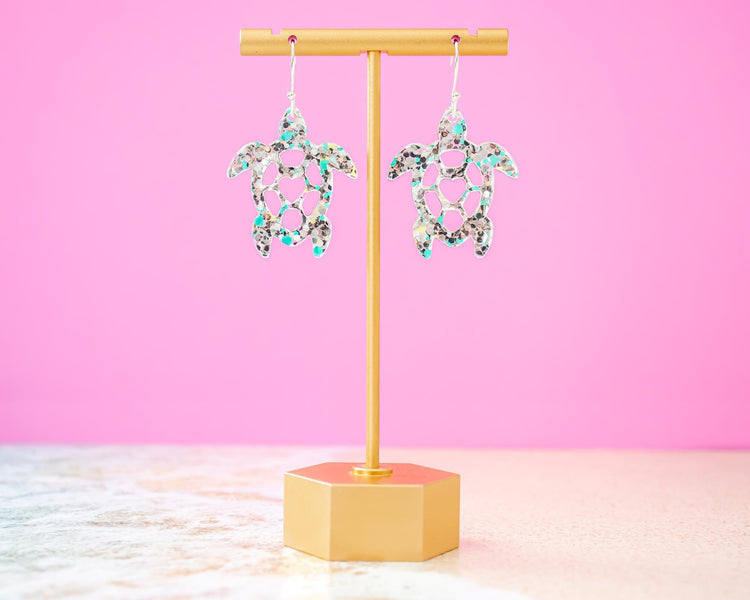 Silver Glitter Confetti Turtle Earrings