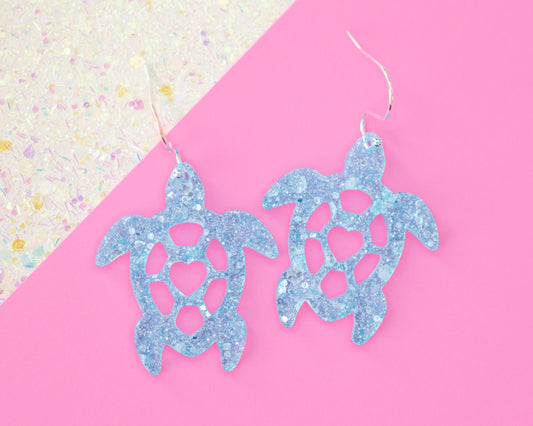 Blue Glitter Turtle Earrings