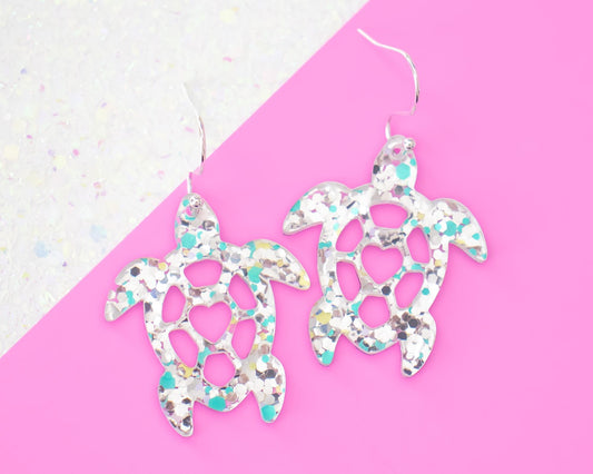 Silver Glitter Confetti Turtle Earrings