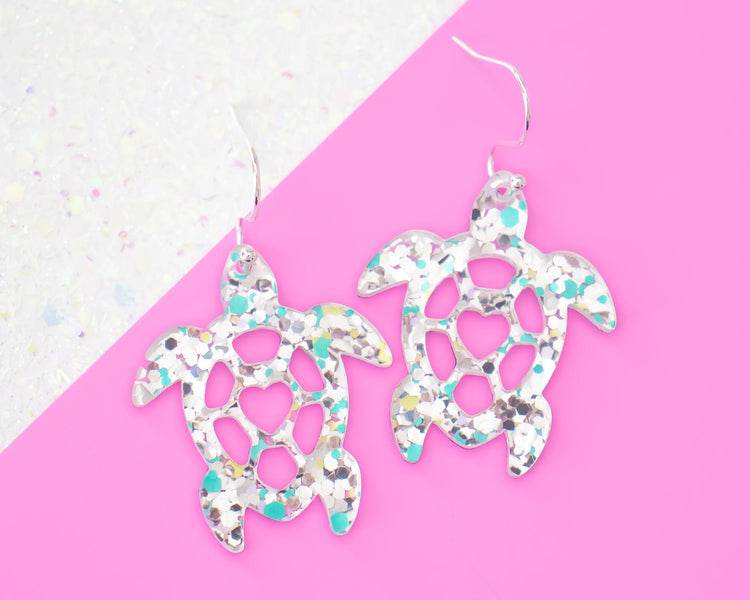 Silver Glitter Confetti Turtle Earrings