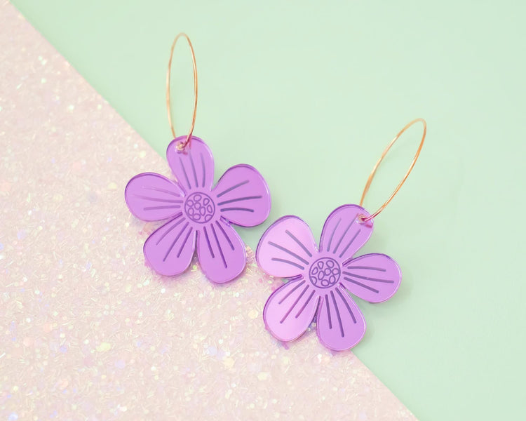 Purple Peony Flower Hoop Earrings