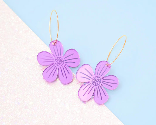 Purple Peony Flower Hoop Earrings