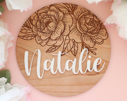 Wood Engraved Personalized Floral Baby Name Sign