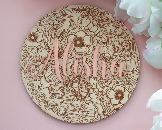 Peonies Wood Engraved Personalized Name Sign