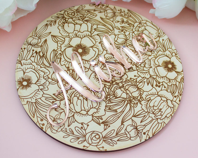 Peonies Wood Engraved Personalized Name Sign