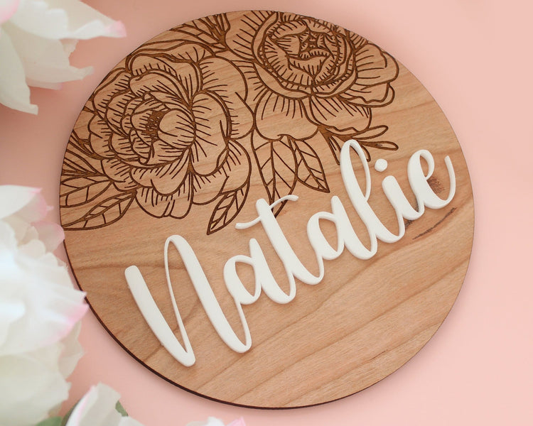 Wood Engraved Personalized Floral Baby Name Sign