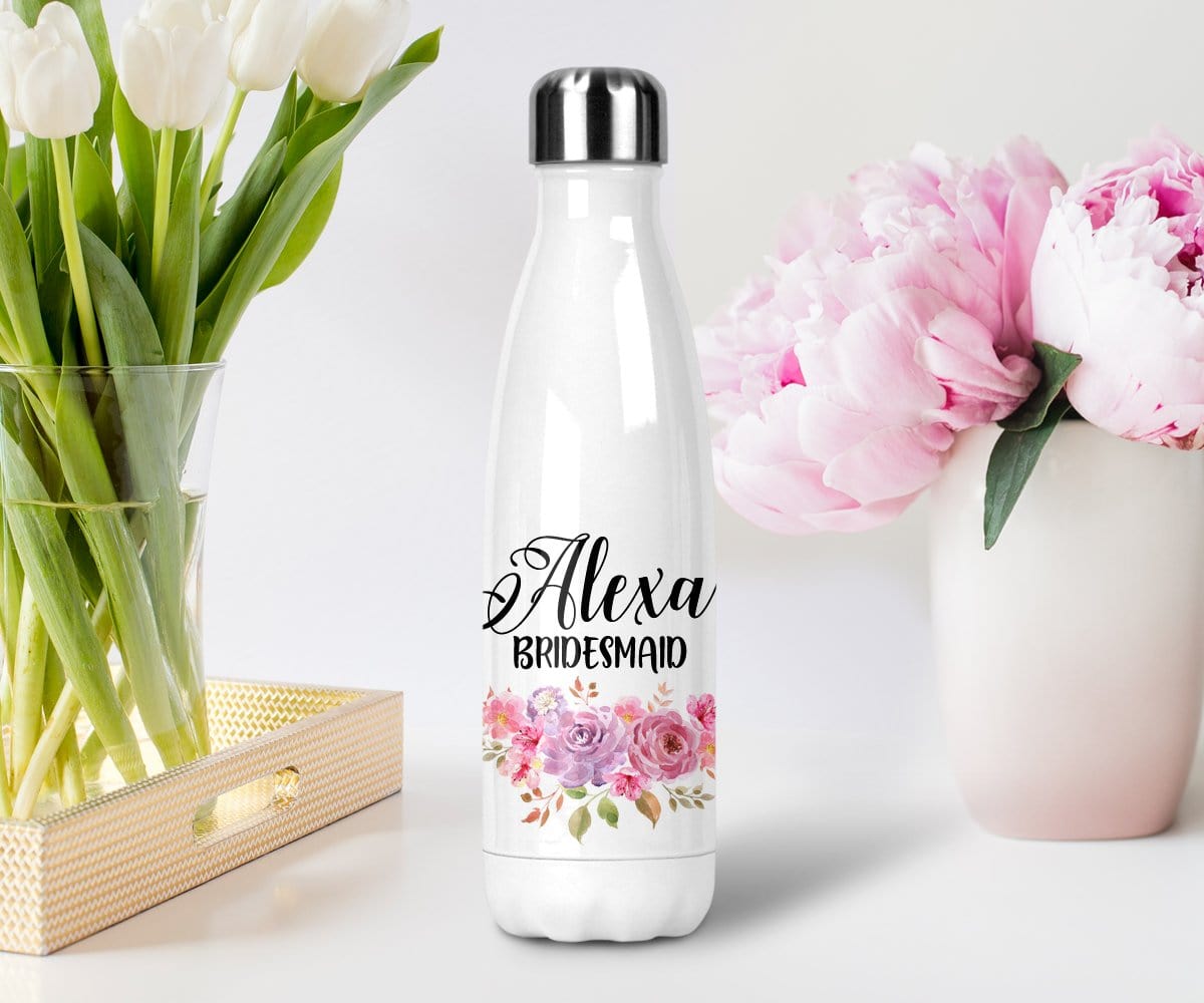 Personalized Bridesmaid Gift Pink And Purple Floral Water Bottle