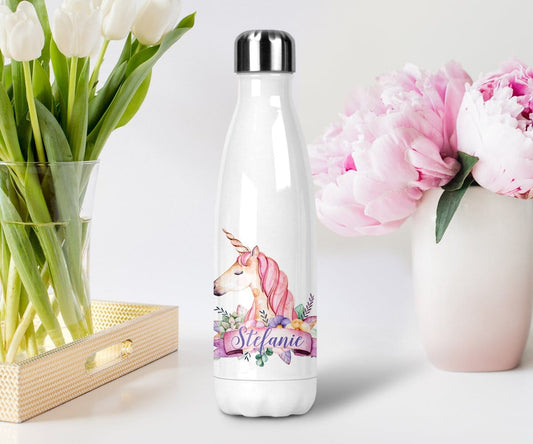 personalized unicorn water bottle pink and purple watercolor tumbler with lid