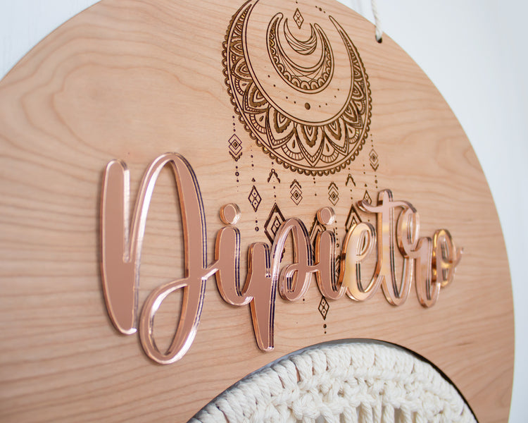 Wood Engraved & Rose Gold Acrylic Personalized Macrame Sign