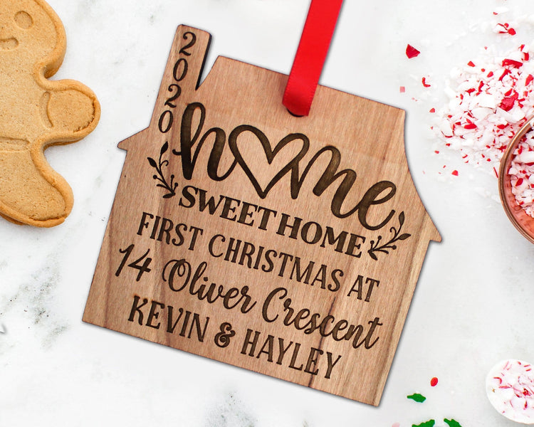 Custom First Christmas At Address Wood Engraved House Ornament