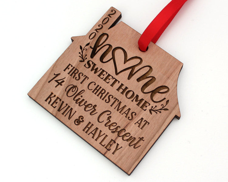 Custom First Christmas At Address Wood Engraved House Ornament