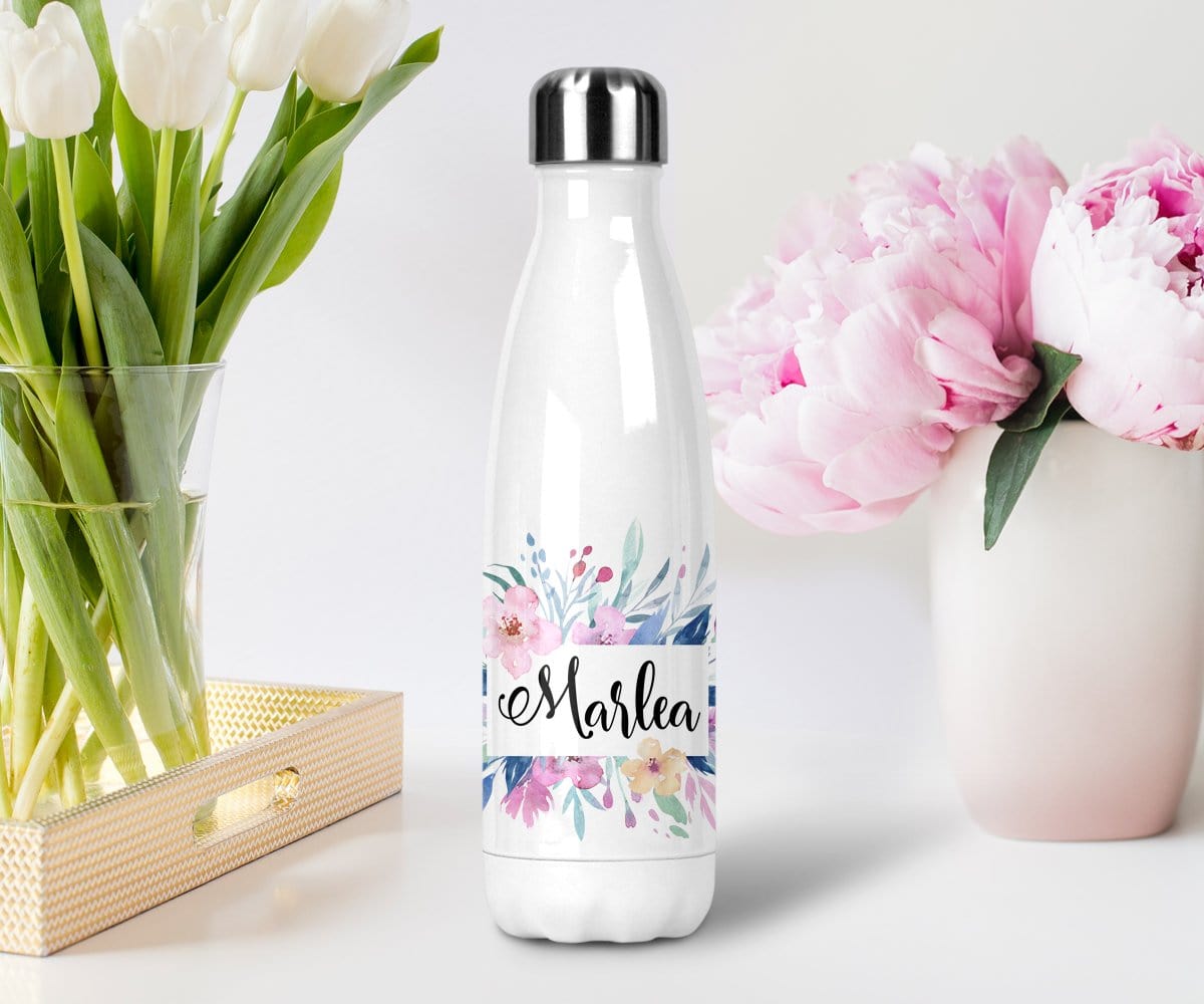 Custom Name Floral Watercolour Purple Water Bottle For Spring Wedding