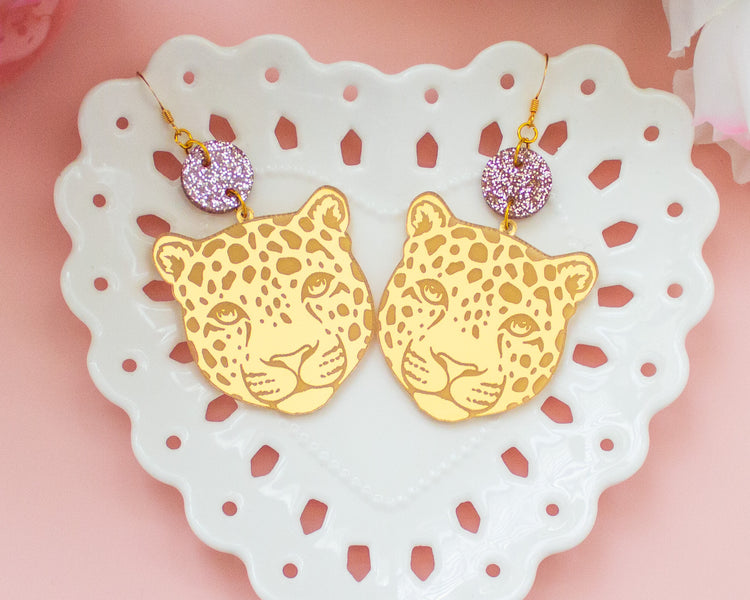 Leopard Gold and Pink Mirror Earrings