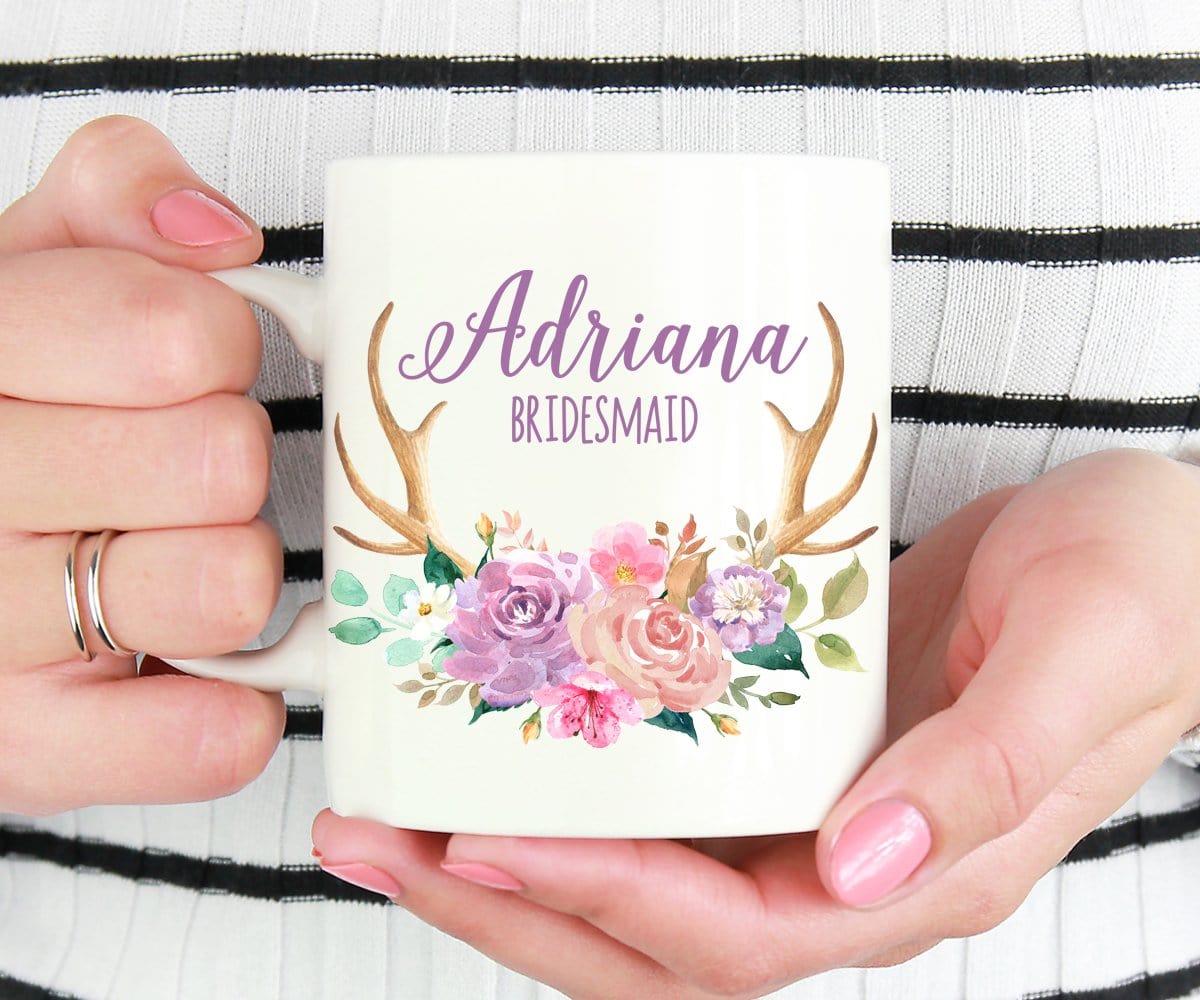 Personalized Bridesmaid Floral Antler Mug