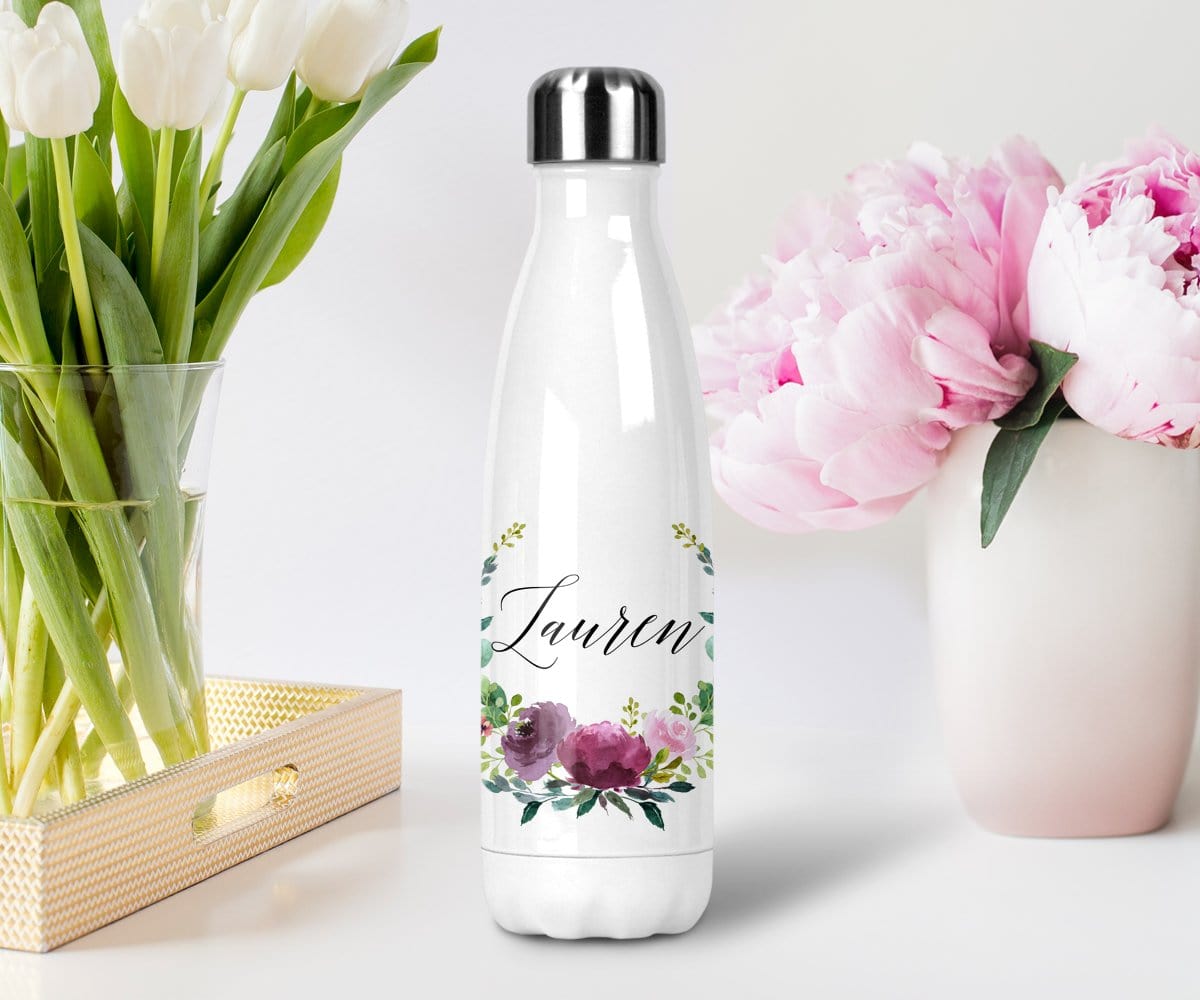 Personalized Purple Floral Watercolor Wreath Stainless Steel Water Bottle With Lid