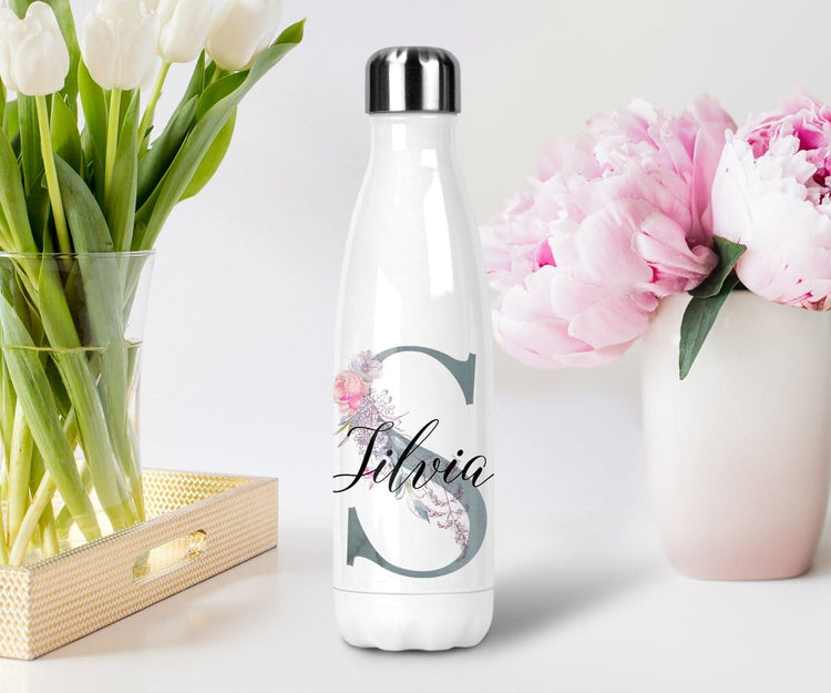 Monogram Stainless Steel Floral Water Bottle With Name Bridesmaid Gift
