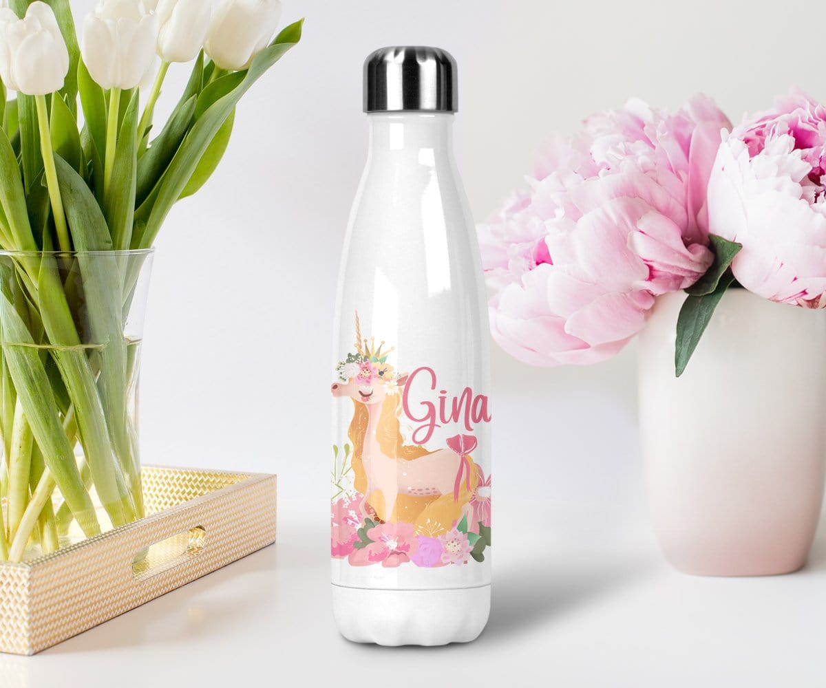custom name pink floral unicorn water bottle stainless steel with lid