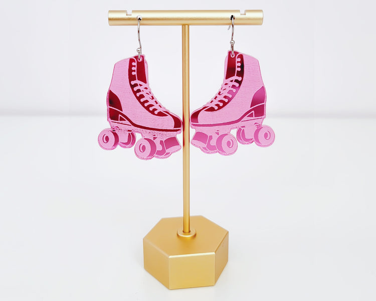 Roller Skates Pink Mirror Acrylic Earrings