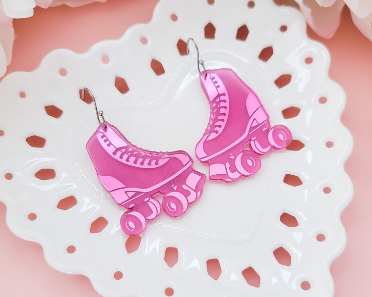Roller Skates Pink Mirror Acrylic Earrings