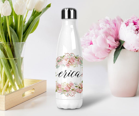 Personalized Name Blush Pink Floral Wreath Water Bottle With Lid