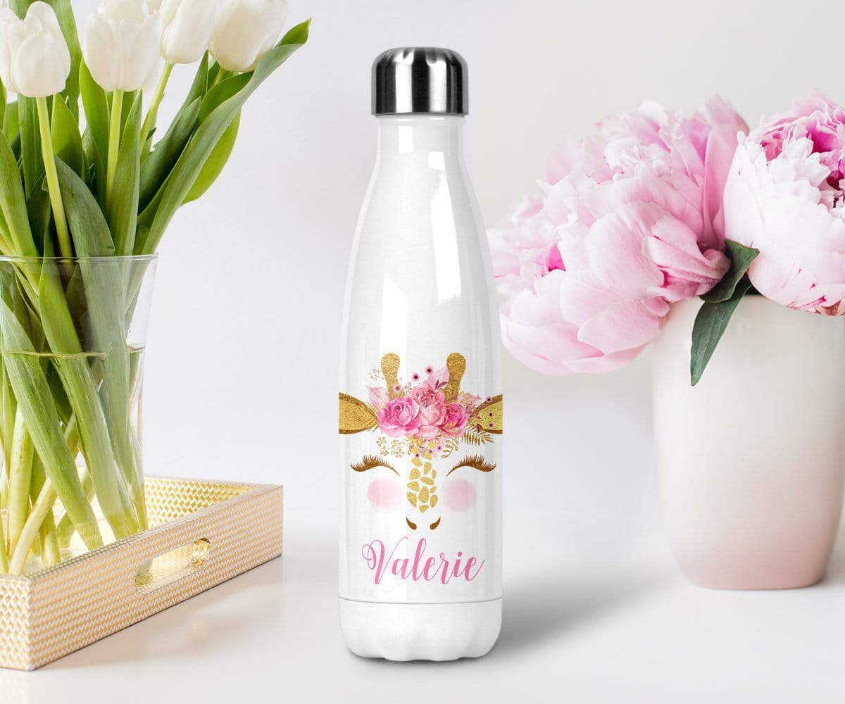 personalized name giraffe face with eyelashes stainless steel water bottle