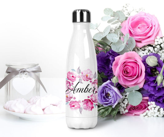 Pink and Purple Floral Wreath Personalized Name Insulated Water Bottle