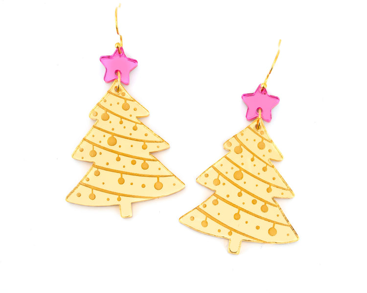 Pink & Gold Christmas Tree Earrings