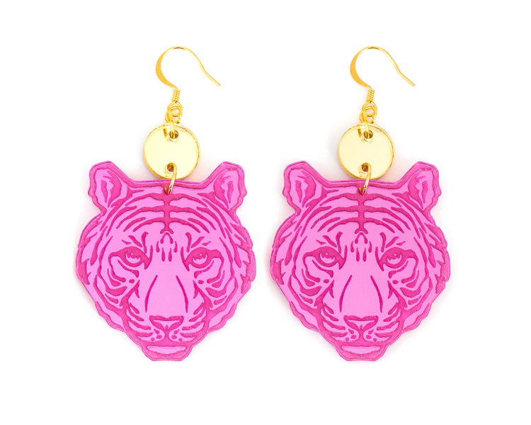Tiger Pink and Gold Mirror Earrings