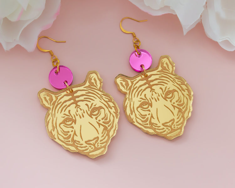 Tiger Pink and Gold Mirror Earrings