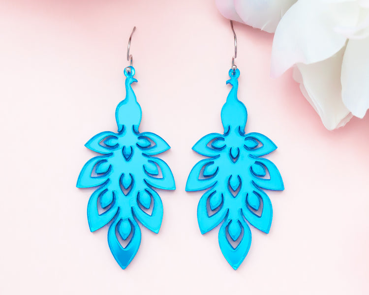 Peacock Blue Mirror Acrylic Earrings
