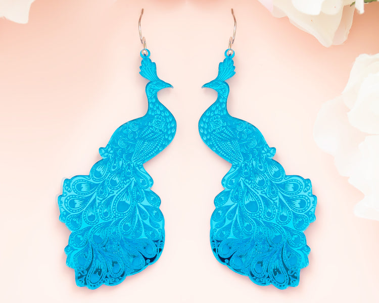 Large Statement Peacock Blue Mirror Acrylic Earrings